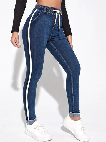Contrast Binding Drawstring Skinny Jeans