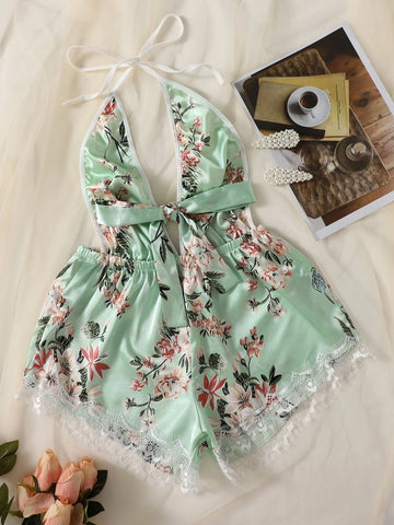 Floral Print Knot Front Eyelash Lace Trim Satin Teddy Bodysuit