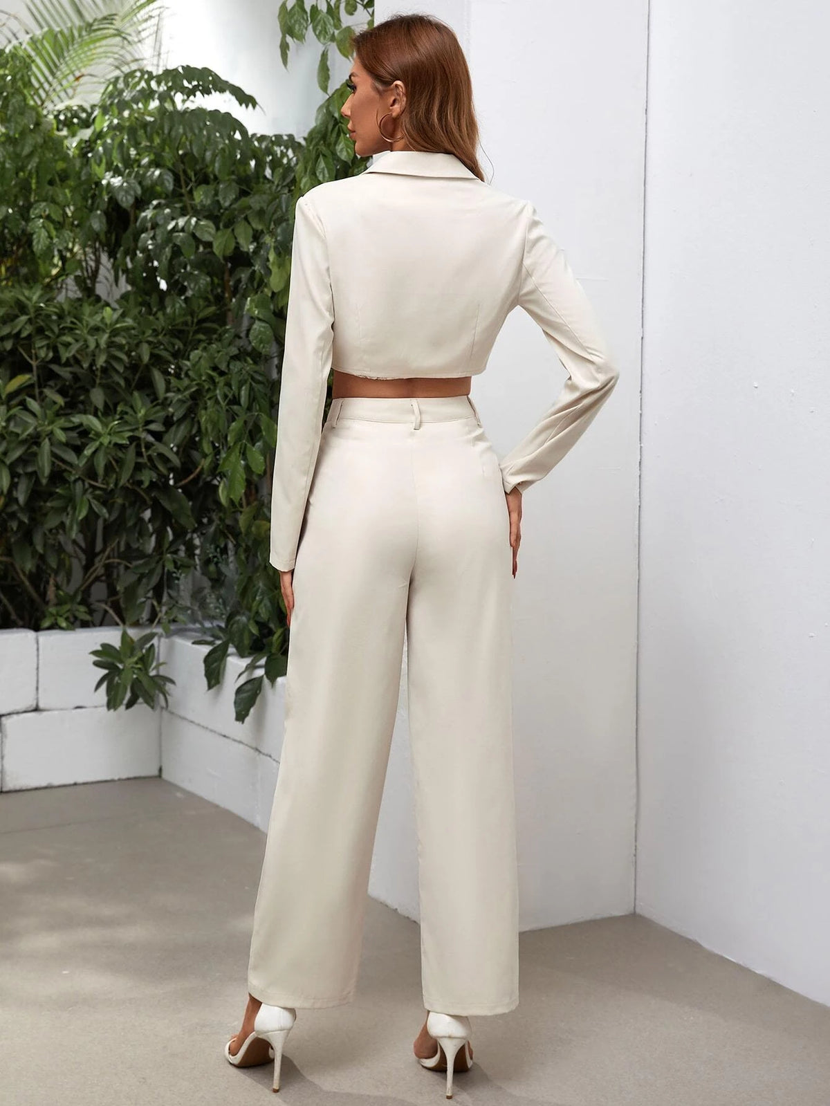 Lapel Collar Single Button Crop Blazer With Pants