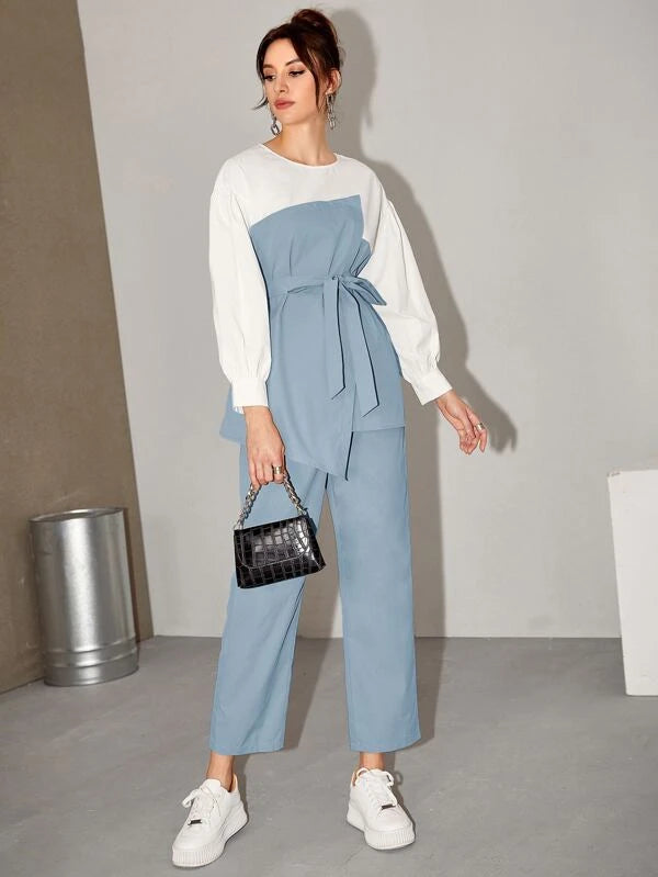 Color-block Lantern Sleeve Belted Top & Pants