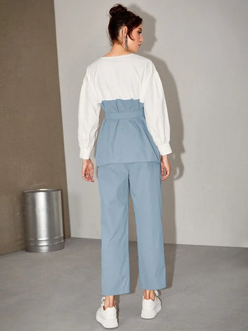 Color-block Lantern Sleeve Belted Top & Pants