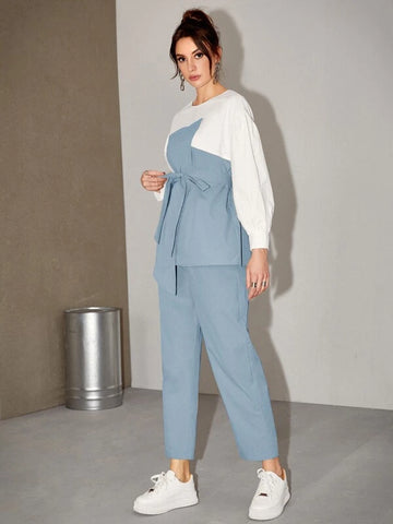 Color-block Lantern Sleeve Belted Top & Pants
