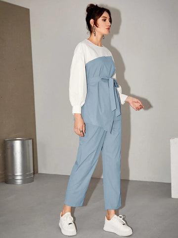 Color-block Lantern Sleeve Belted Top & Pants