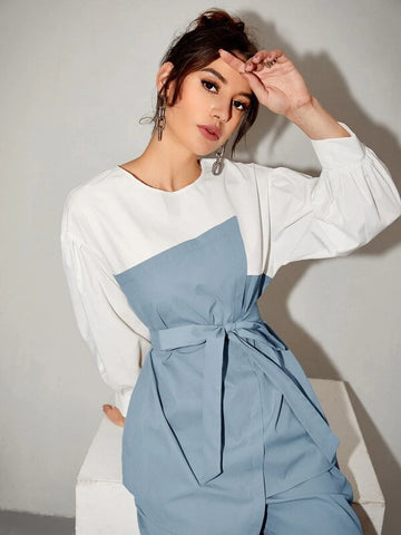 Color-block Lantern Sleeve Belted Top & Pants