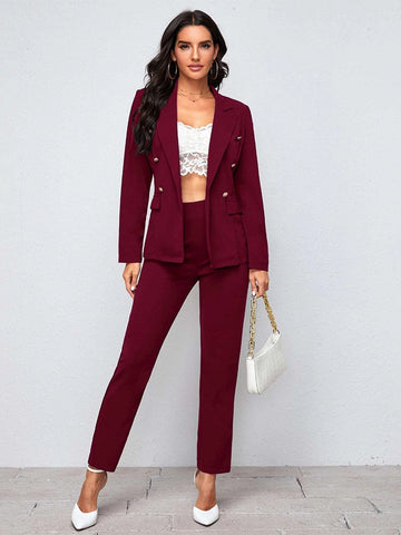 BIZwear Notch Collar Double Button Blazer and Tailored Pants Set
