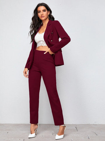 BIZwear Notch Collar Double Button Blazer and Tailored Pants Set