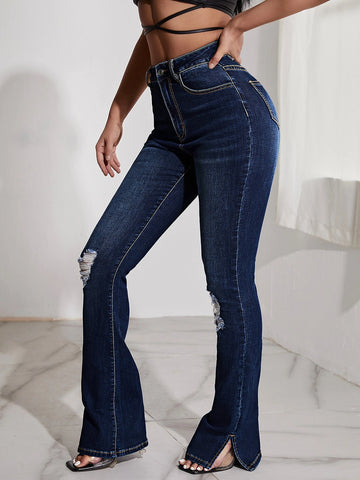 SXY High Waist Ripped Split Hem Bootcut Leg Jeans