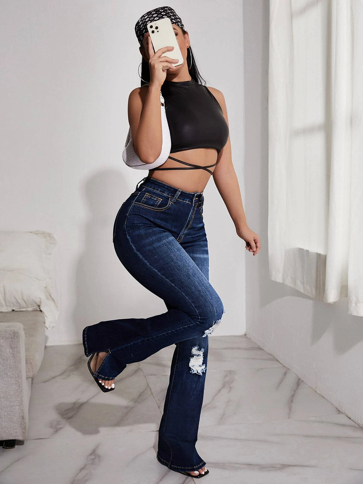 SXY High Waist Ripped Split Hem Bootcut Leg Jeans