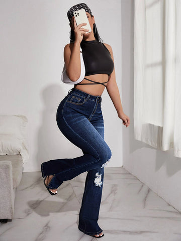 SXY High Waist Ripped Split Hem Bootcut Leg Jeans