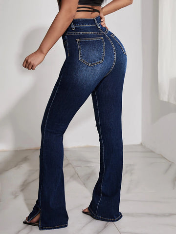 SXY High Waist Ripped Split Hem Bootcut Leg Jeans