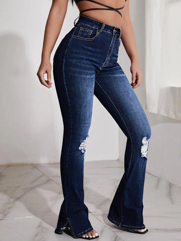 SXY High Waist Ripped Split Hem Bootcut Leg Jeans