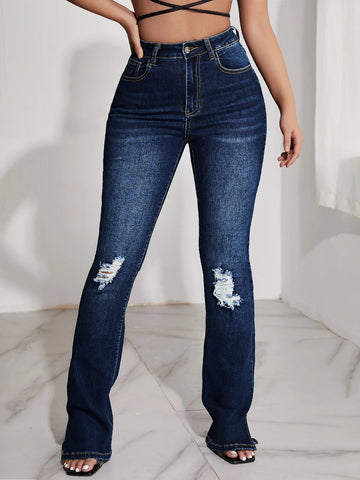 SXY High Waist Ripped Split Hem Bootcut Leg Jeans
