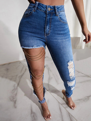 SXY High Waist Ripped Chain Detail Jeans