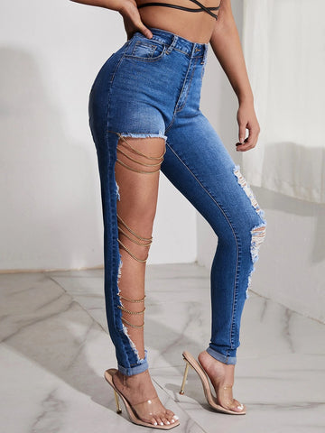 SXY High Waist Ripped Chain Detail Jeans