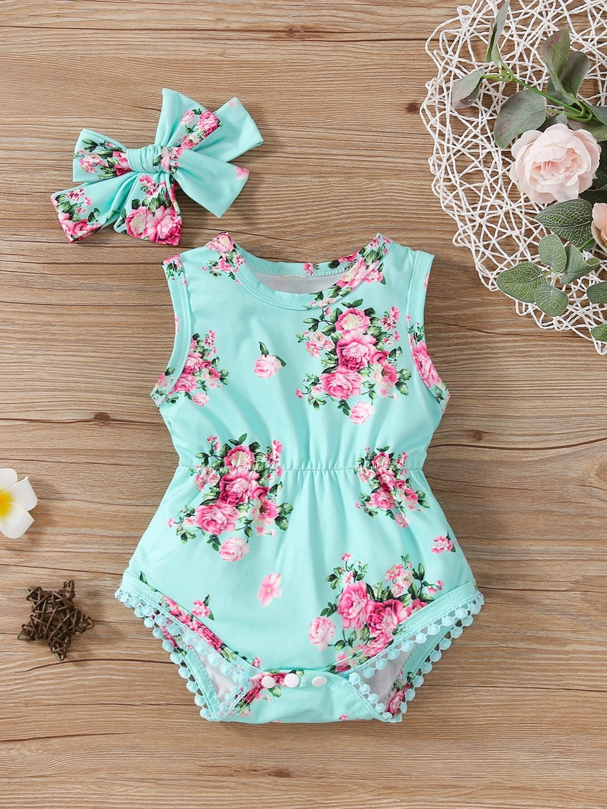 Baby Floral Print Bodysuit With Headband