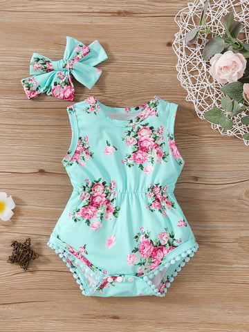 Baby Floral Print Bodysuit With Headband
