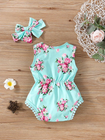 Baby Floral Print Bodysuit With Headband