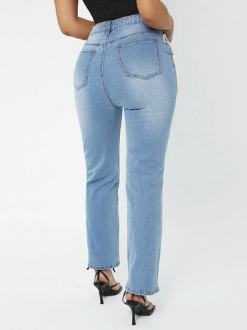 Ripped Lace Up Straight Leg Jeans