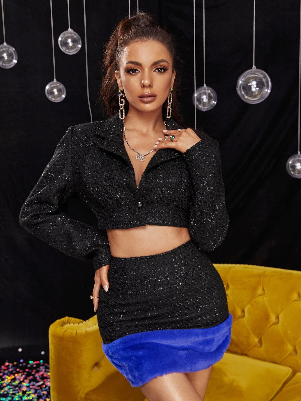 Unity Single Button Crop Tweed Blazer & Teddy Panel Skirt