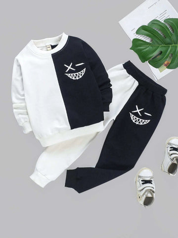 Toddler Boys Cartoon Face Print Two Tone Sweatshirt & Sweatpants