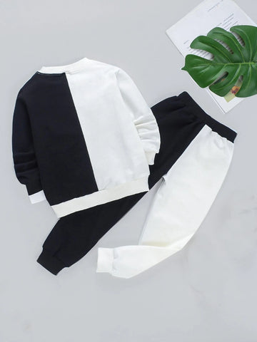 Toddler Boys Cartoon Face Print Two Tone Sweatshirt & Sweatpants