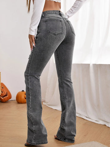 Ripped Frayed Flare Leg Jeans