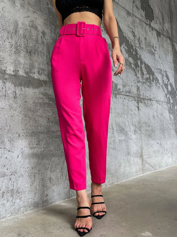 Solid Belted Tapered Pants