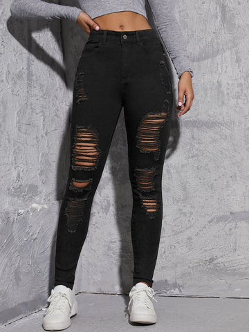 Solid Ripped Skinny Jeans