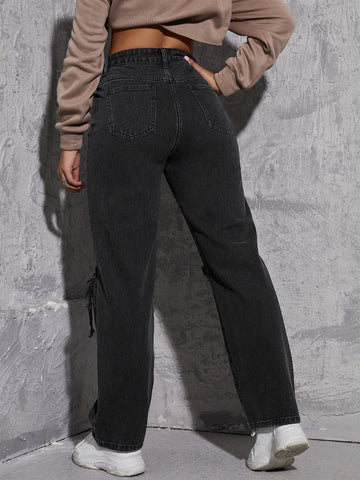 High Waist Ripped Straight Leg Jeans