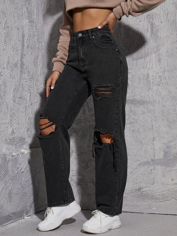 High Waist Ripped Straight Leg Jeans