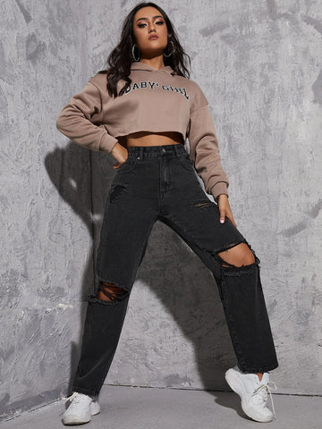 High Waist Ripped Straight Leg Jeans