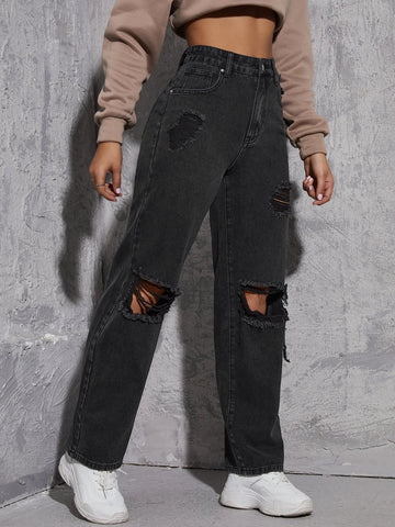 High Waist Ripped Straight Leg Jeans