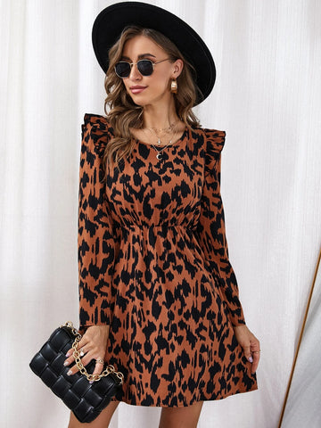 Allover Print Ruffle Trim Dress