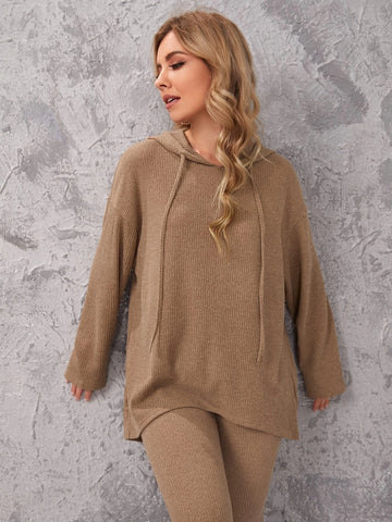 Drop Shoulder Ribbed Hooded Top & Leggings Set