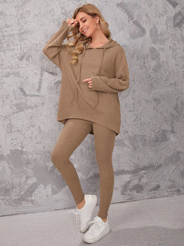 Drop Shoulder Ribbed Hooded Top & Leggings Set