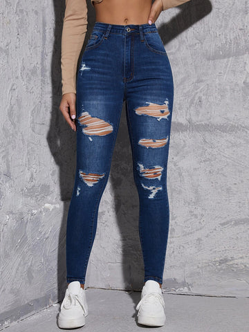 Bleach Wash Ripped Frayed Skinny Jeans