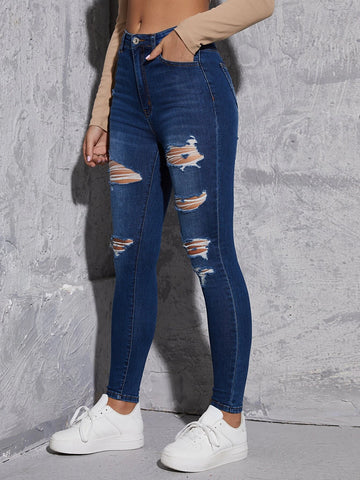 Bleach Wash Ripped Frayed Skinny Jeans