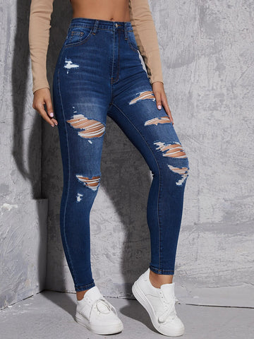 Bleach Wash Ripped Frayed Skinny Jeans