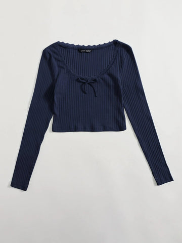 Lace Trim Bow Front Rib-knit Tee