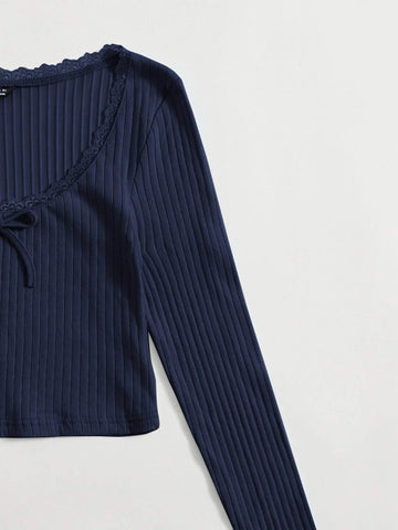 Lace Trim Bow Front Rib-knit Tee