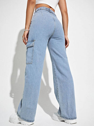 High Waisted Flap Pocket Cargo Jeans