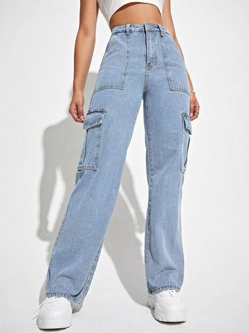 High Waisted Flap Pocket Cargo Jeans