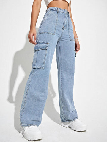 High Waisted Flap Pocket Cargo Jeans