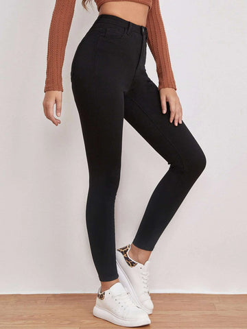 High Waist Patched Detail Skinny Jeans