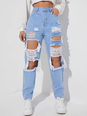 Cut Out Ripped Frayed Carrot Jeans