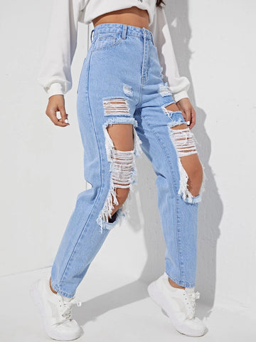 Cut Out Ripped Frayed Carrot Jeans