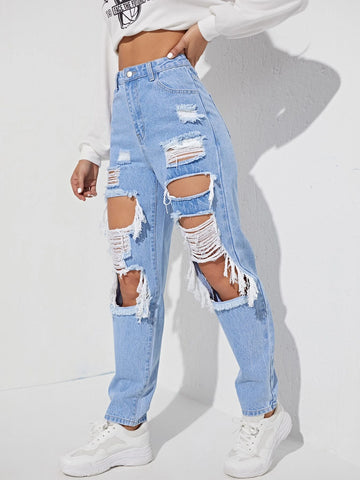 Cut Out Ripped Frayed Carrot Jeans