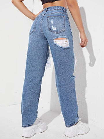 High Waisted Ripped Straight Leg Jeans
