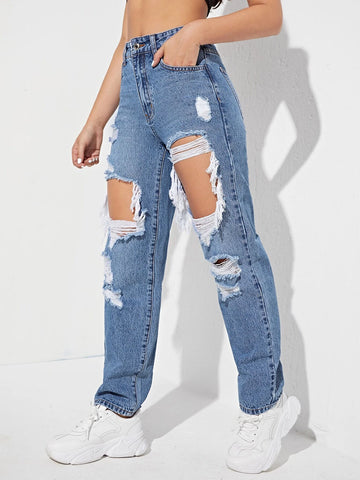 High Waisted Ripped Straight Leg Jeans