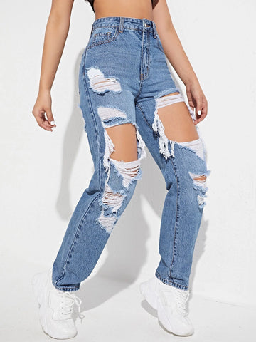 High Waisted Ripped Straight Leg Jeans